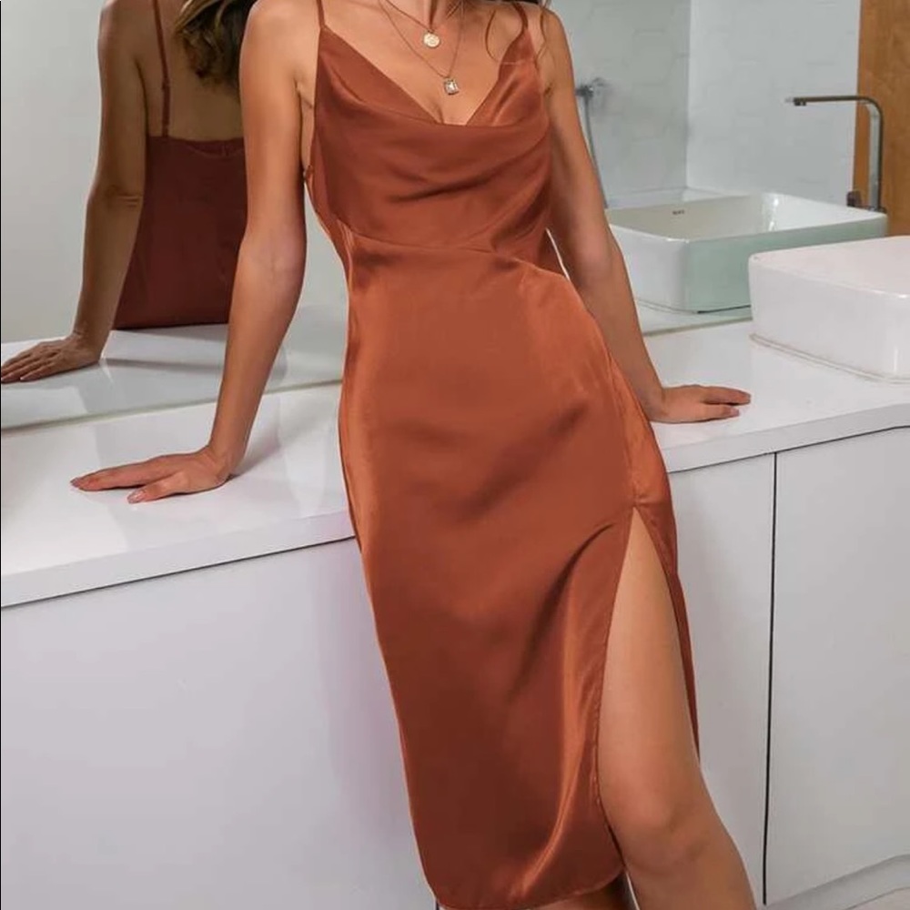 Cami cowl neck satin silky midi dress slit red - Picture 9 of 11